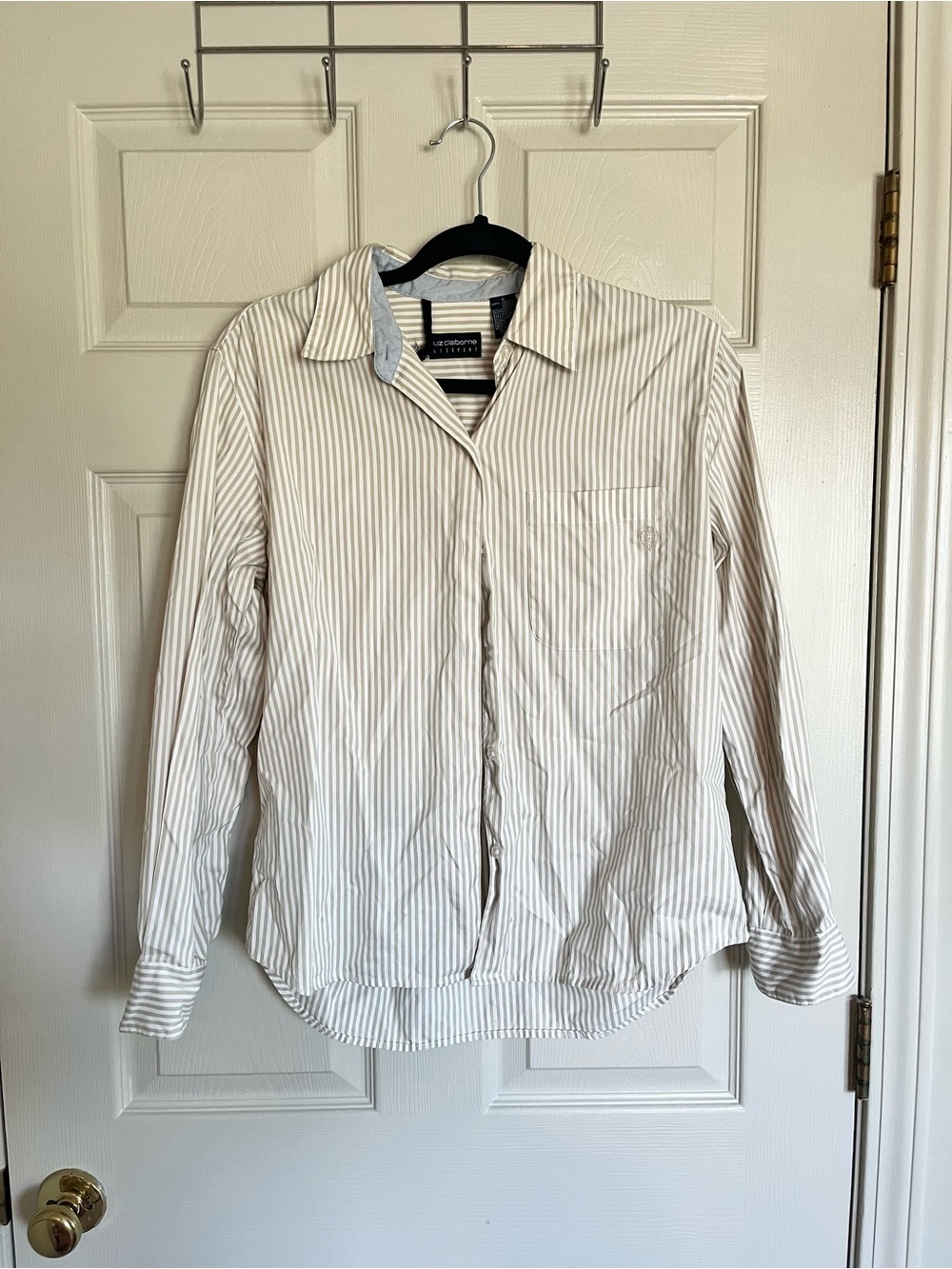 Liz Claiborne Women’s White and Beige Striped Button-Down Shirt